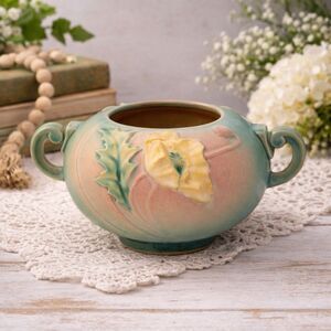 Roseville Poppy 334-4 Planter Vase 1938 Yellow Poppy Cyan Art Deco Pottery Bowl